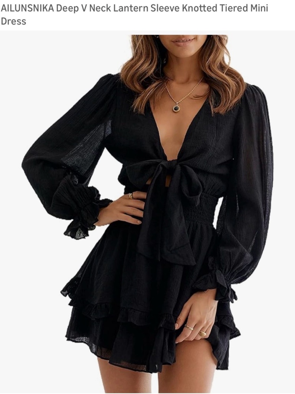 Amazon | Deep V Neck Lantern Sleeve Mini Dress